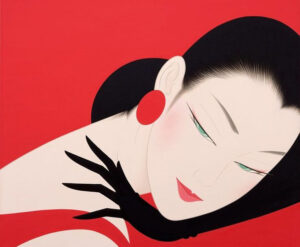 Illustration by Ichiro Tsuruta of a woman resting with her hand near her face, on a vivid red background