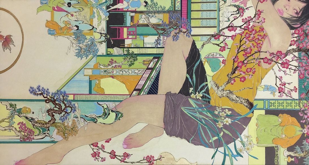 Colorful contemporary Japanese artwork of a woman lying in a fantasy-like, floral and architectural background with cherry blossoms and koi fish
