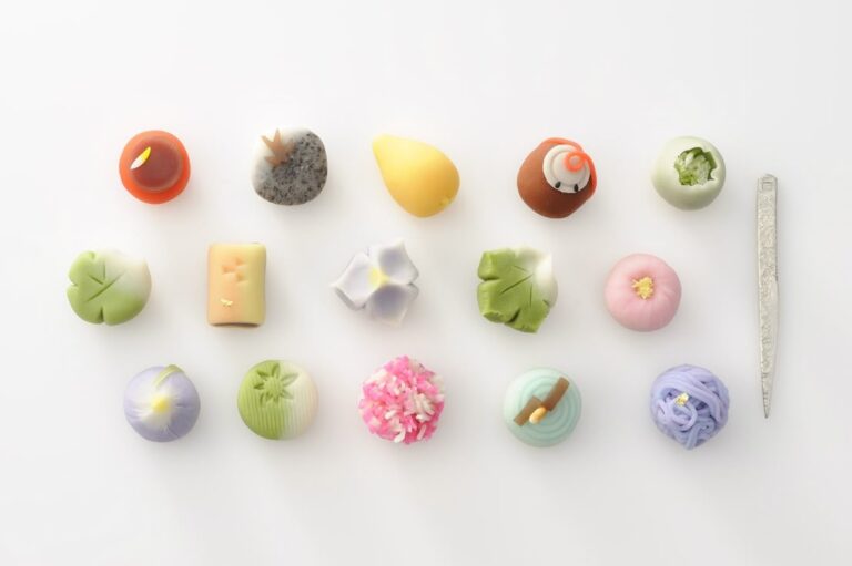 Colorful seasonal Wagashi representing Japanese aesthetics
